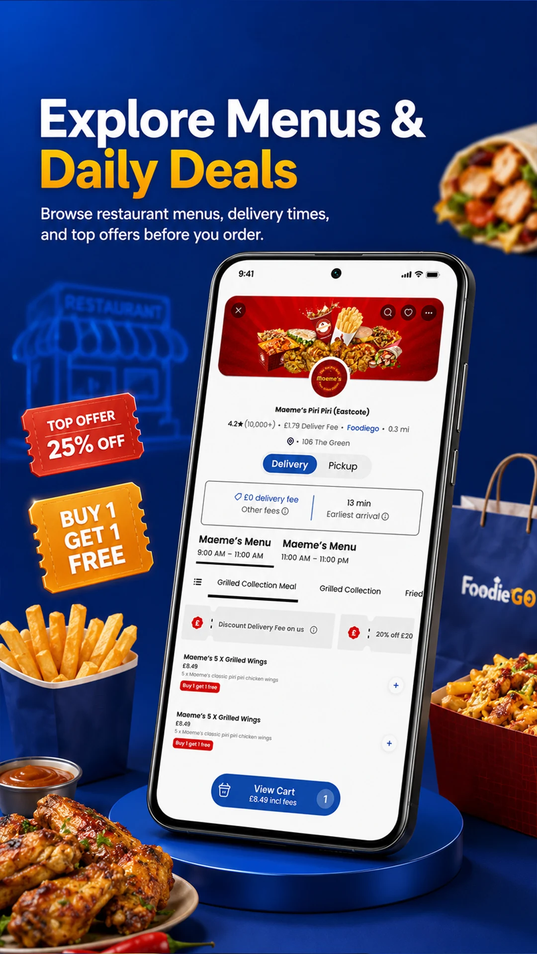 FoodieGo app menu and daily restaurant deals